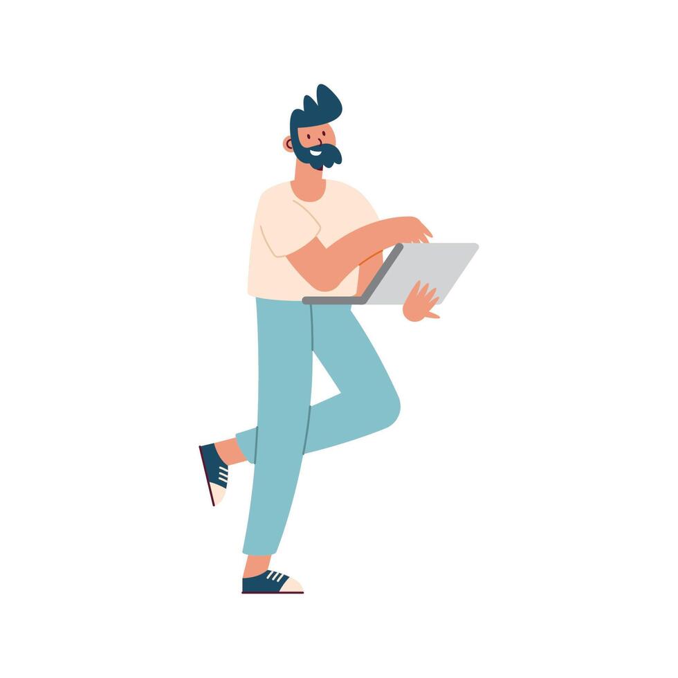 bearded man using laptop vector