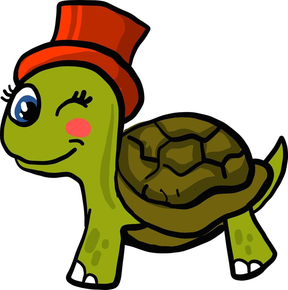 Guiño de tortuga con un sombrero rojo, ilustración, vector sobre fondo blanco.