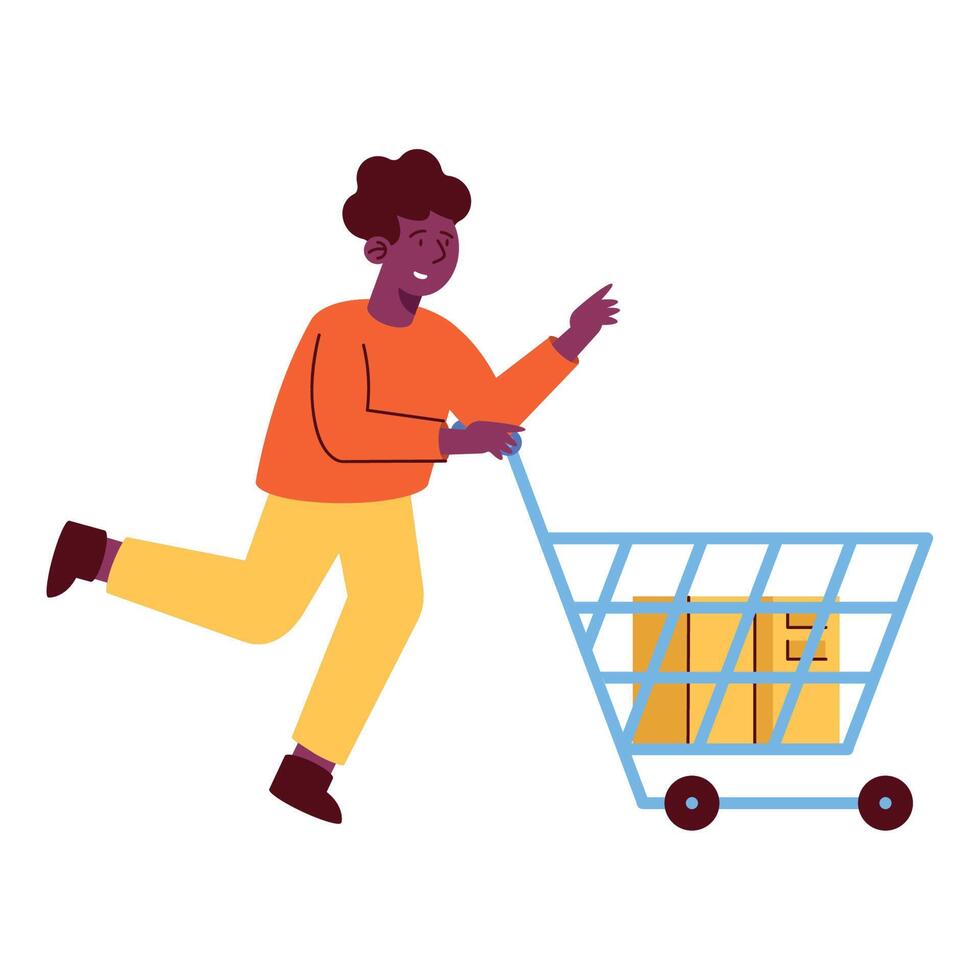 afro man with shopping cart vector