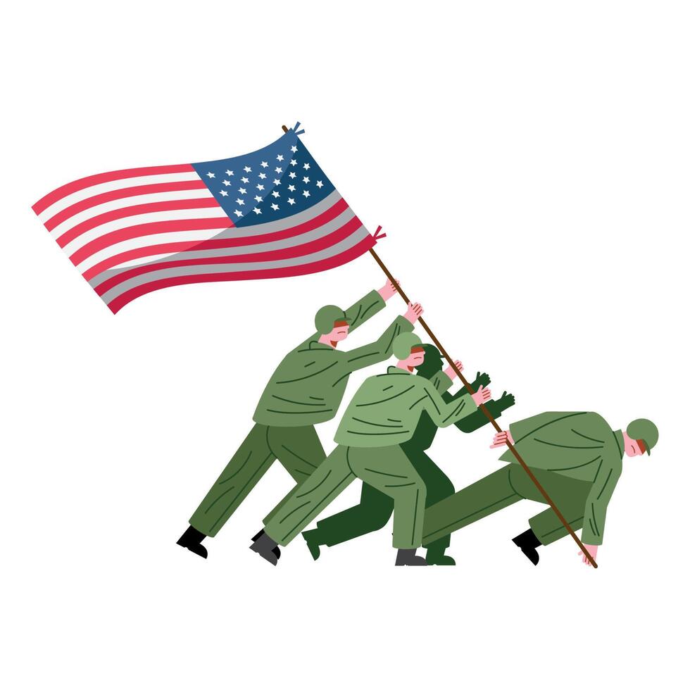 soldiers lifting usa flag vector