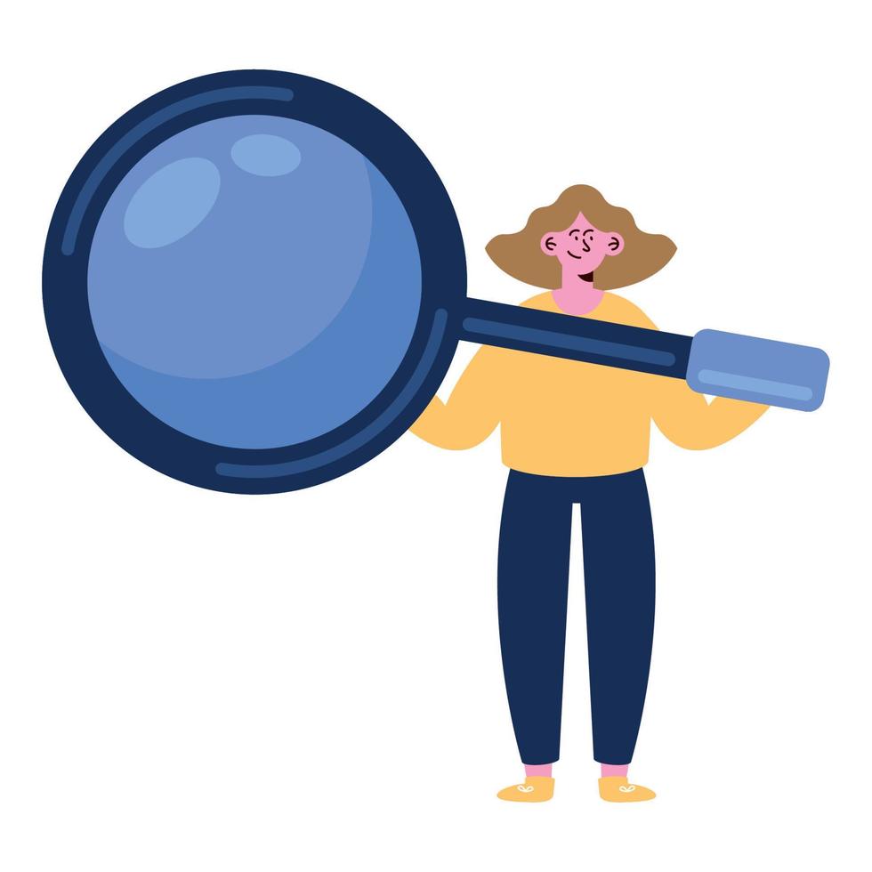 young woman lifting magnifying glass vector