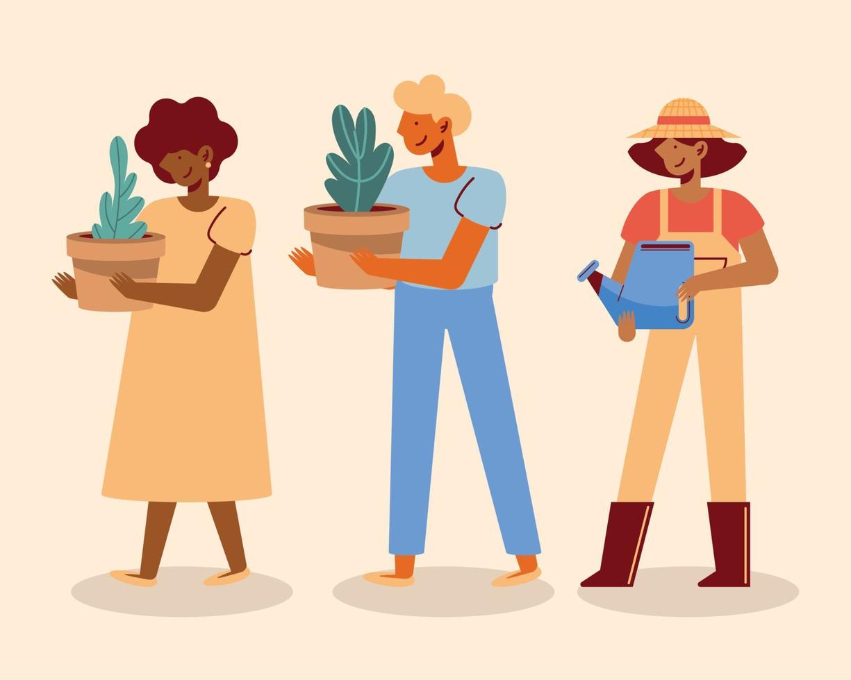 three gardeners persons characters vector