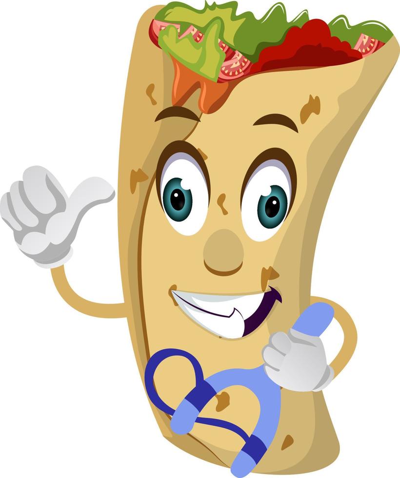 Burrito with sling shot, illustration, vector on white background.