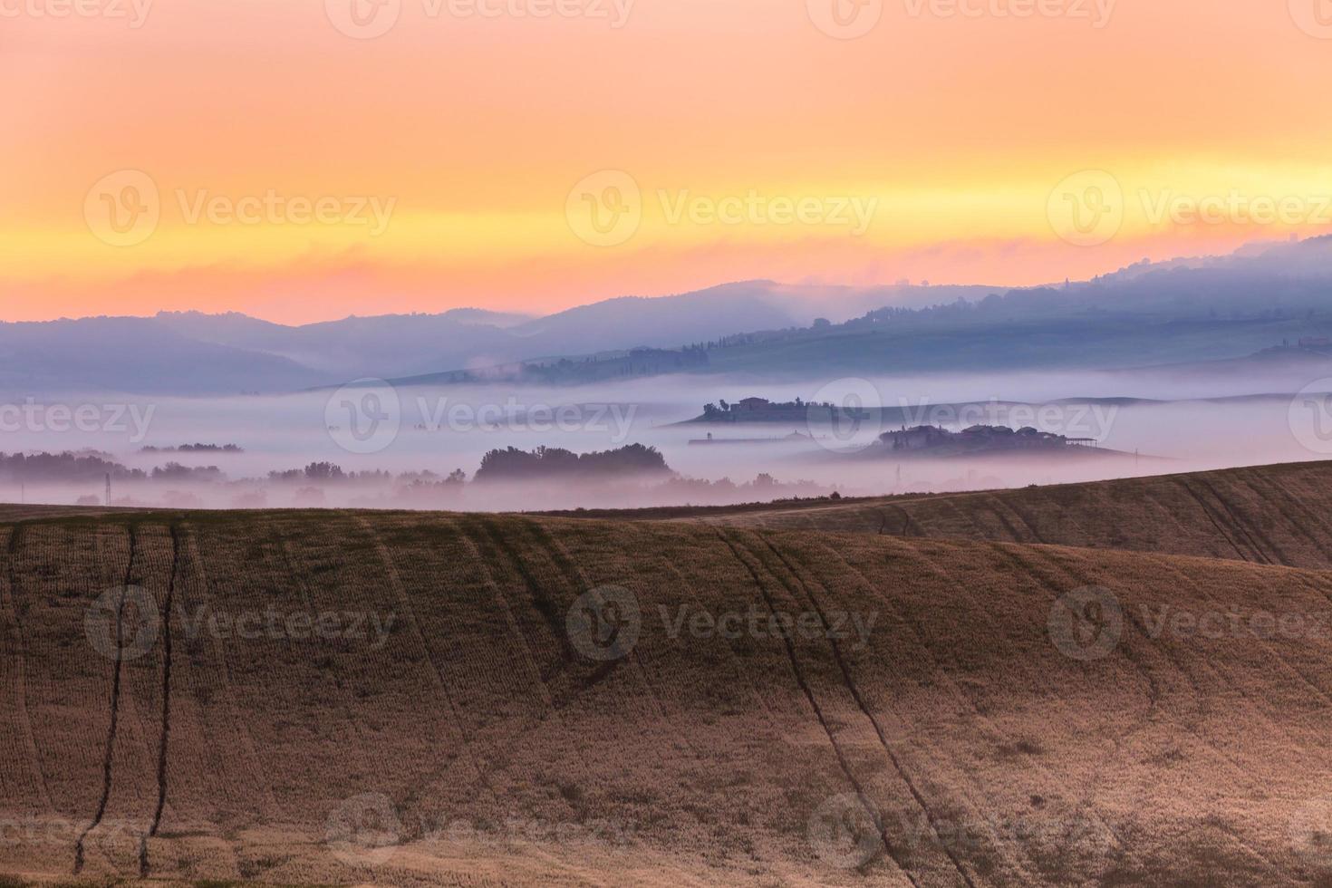 vista de niebla matutina en tierras de cultivo en toscana, italia foto