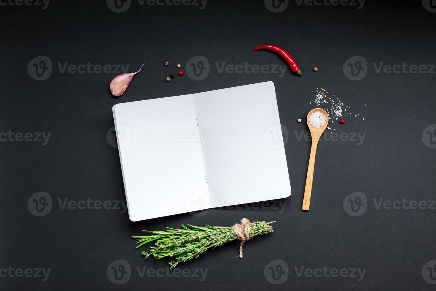 Blank notepad pages with greens herbs and spices photo