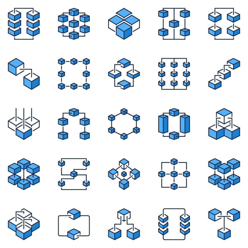 conjunto de iconos azules de blockchain - signos de tecnología de cadena de bloques criptográficos vectoriales vector