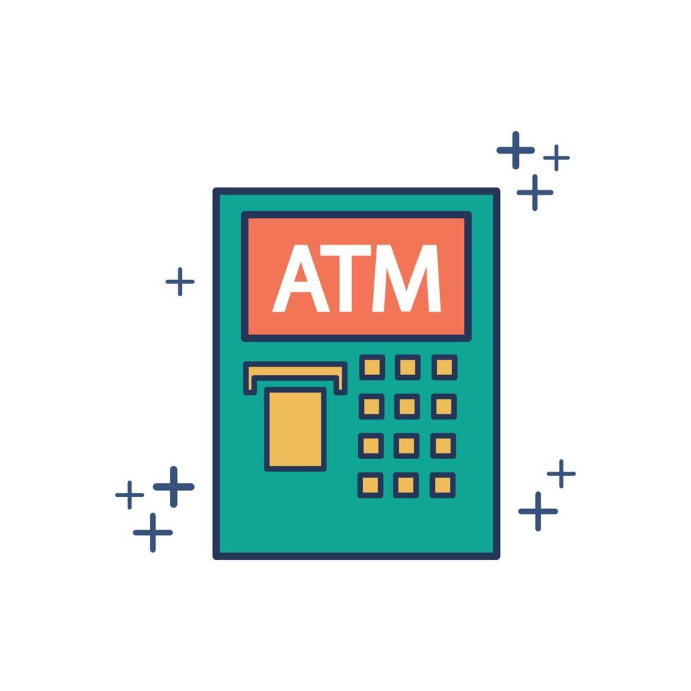 cajero automático atm icono vector ilustración glifo estilo diseño con color y signo más. aislado sobre fondo blanco.