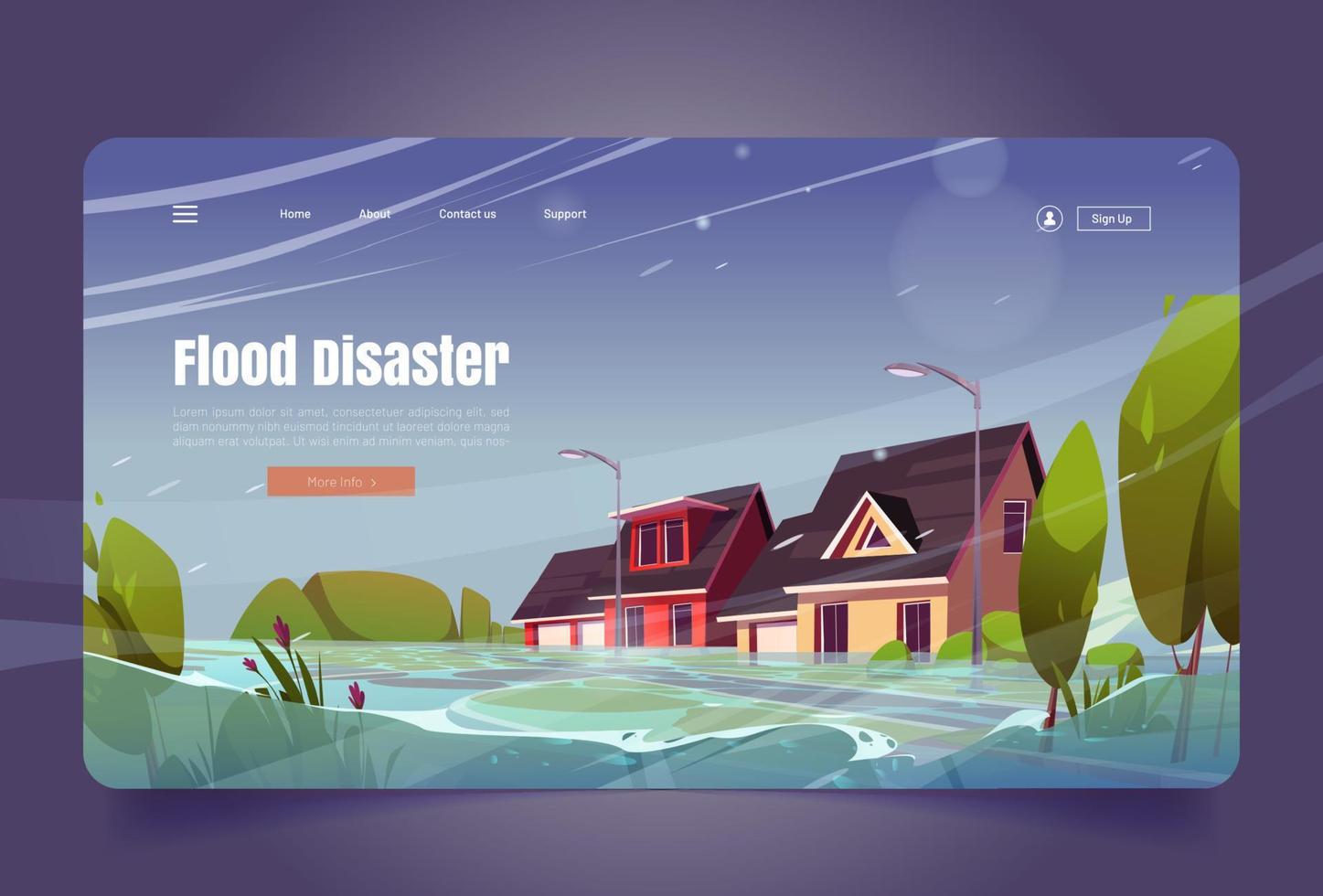 Flood disaster banner, inundation and rain in city vector
