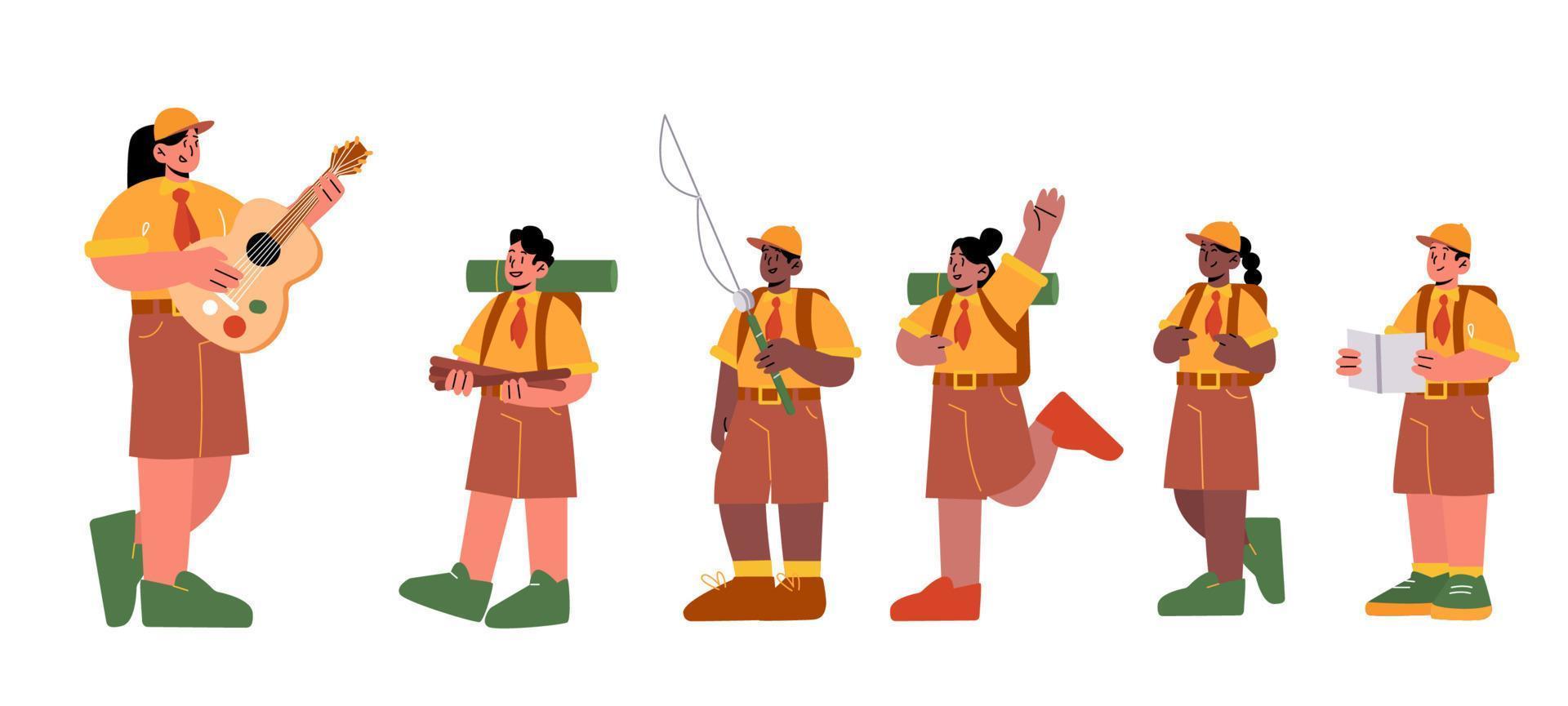 Kids scouts in uniform and woman teacher vector