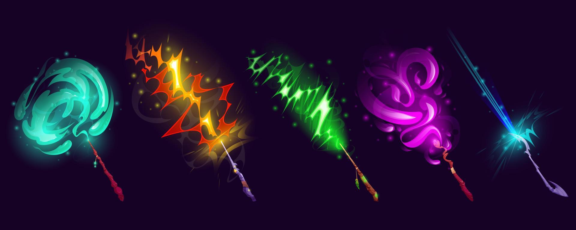 Magic wands with light vfx effect, wizard sticks vector