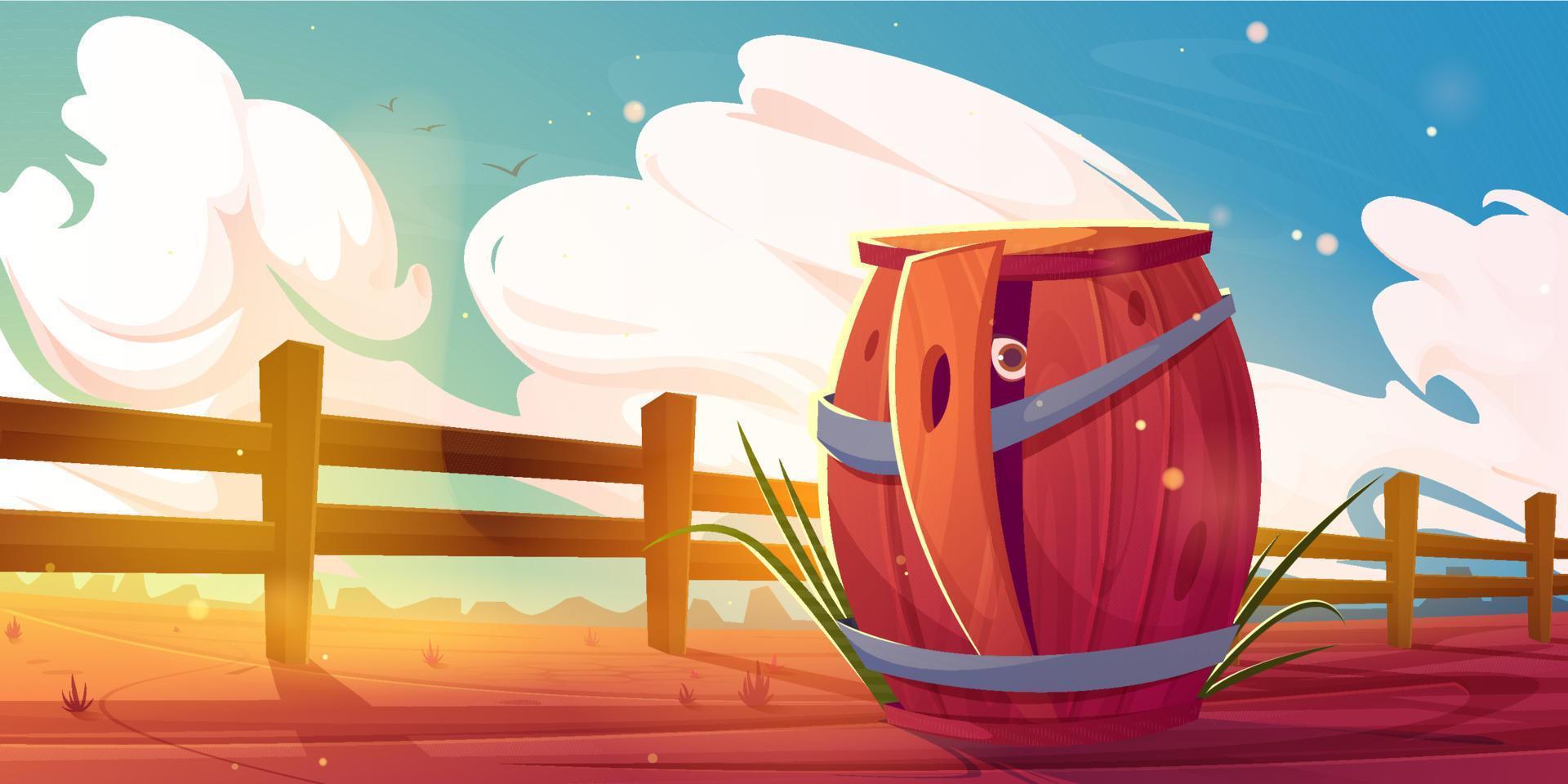 Wild west landscape with wooden fence and barrel vector