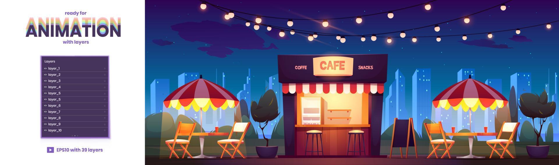 café de la calle en el fondo del paisaje urbano nocturno, capas vector