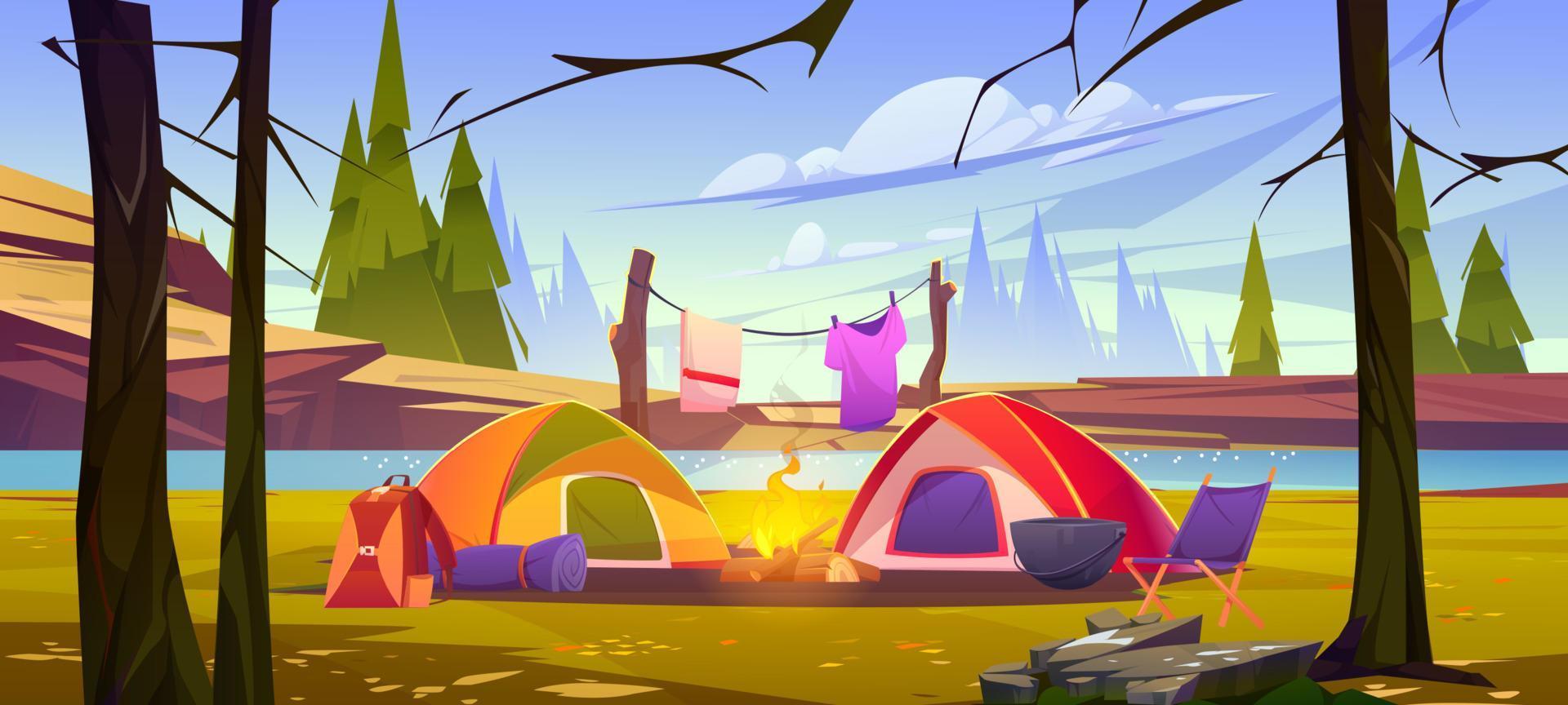 Camping tents with campfire in forest at river vector