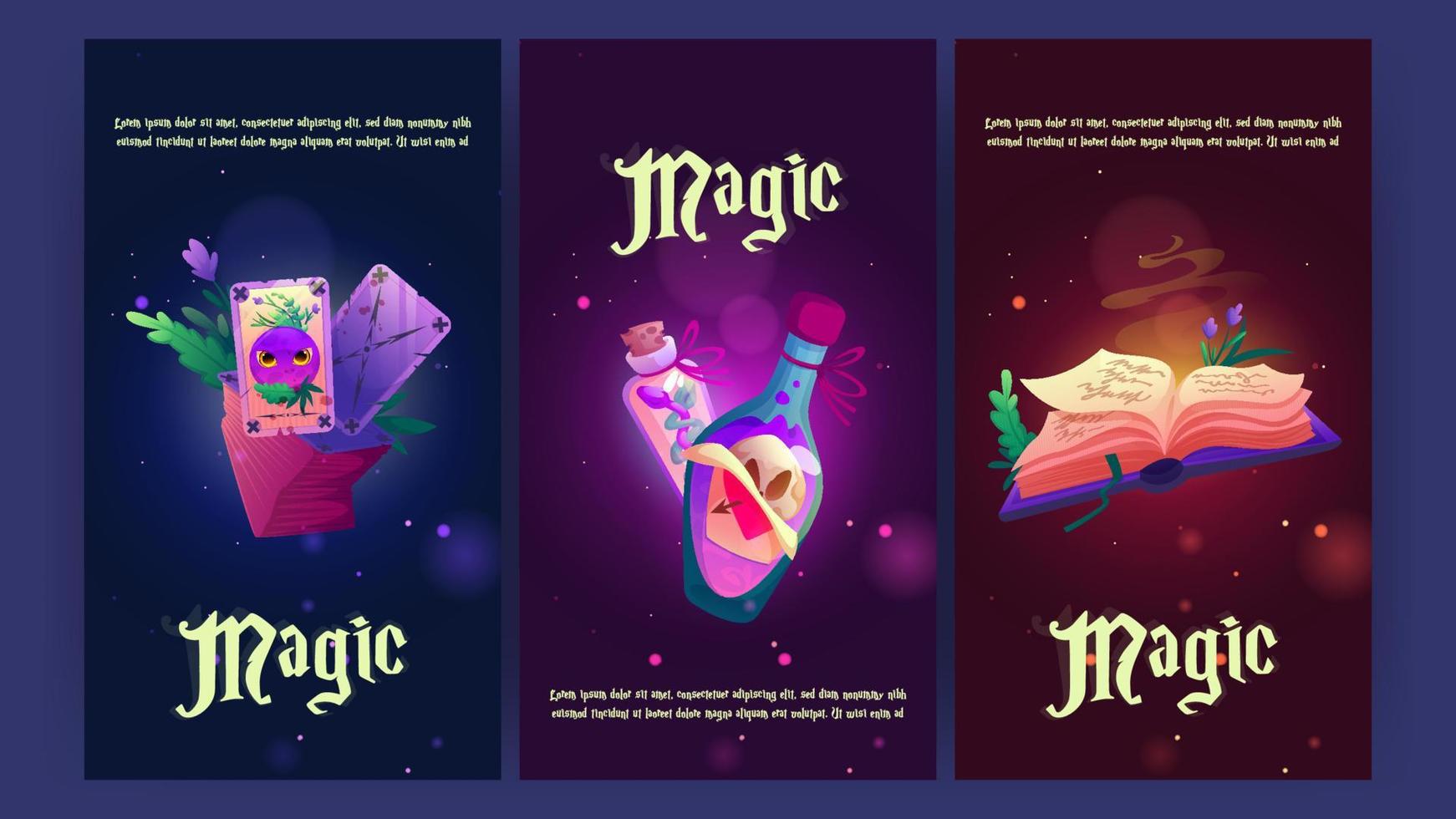 Cartoon magic posters with witch magician stuff vector