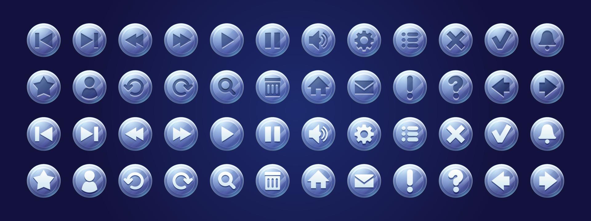 Web buttons, circle glass icons for game vector