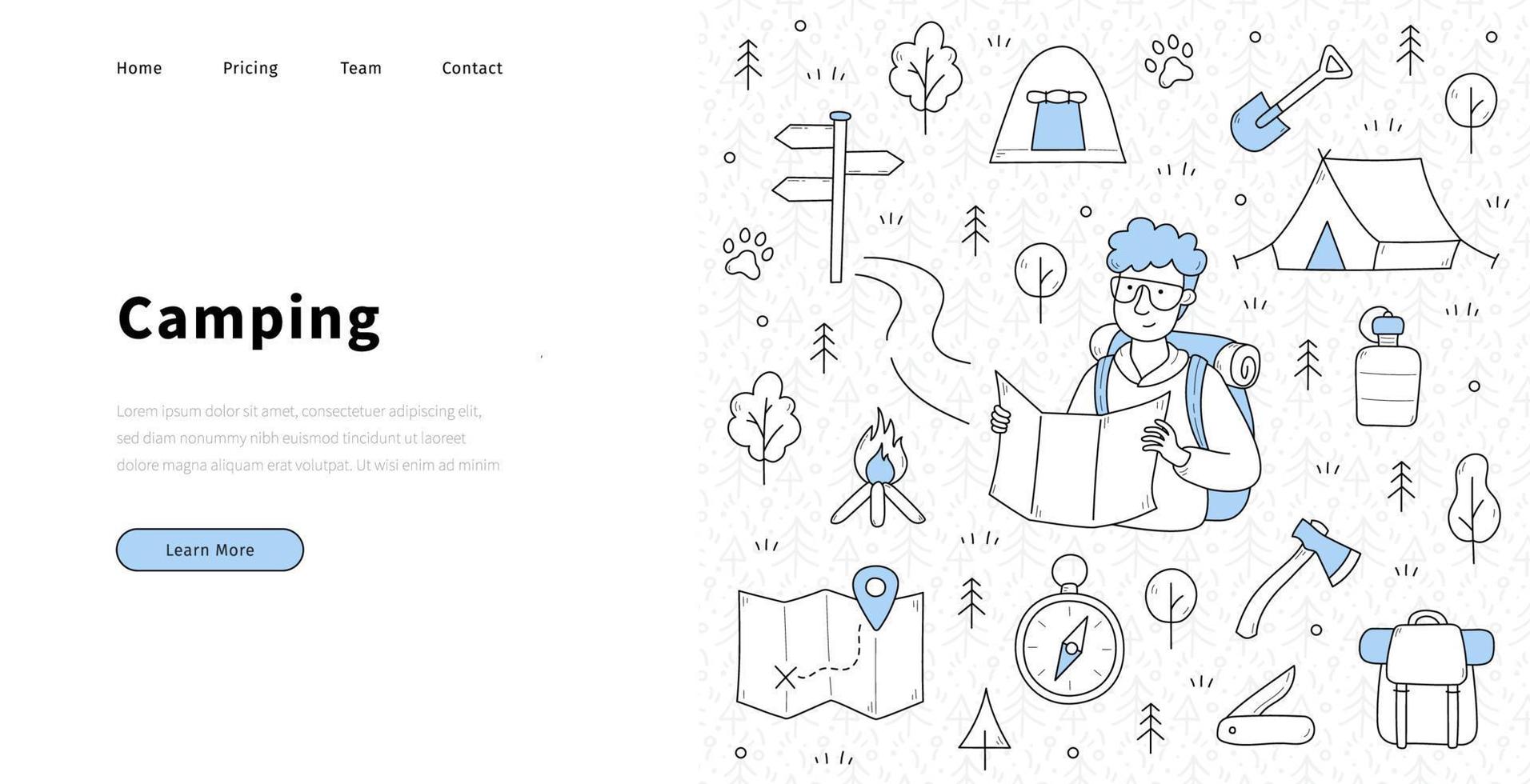 Camping banner with sketch man hiker with map vector