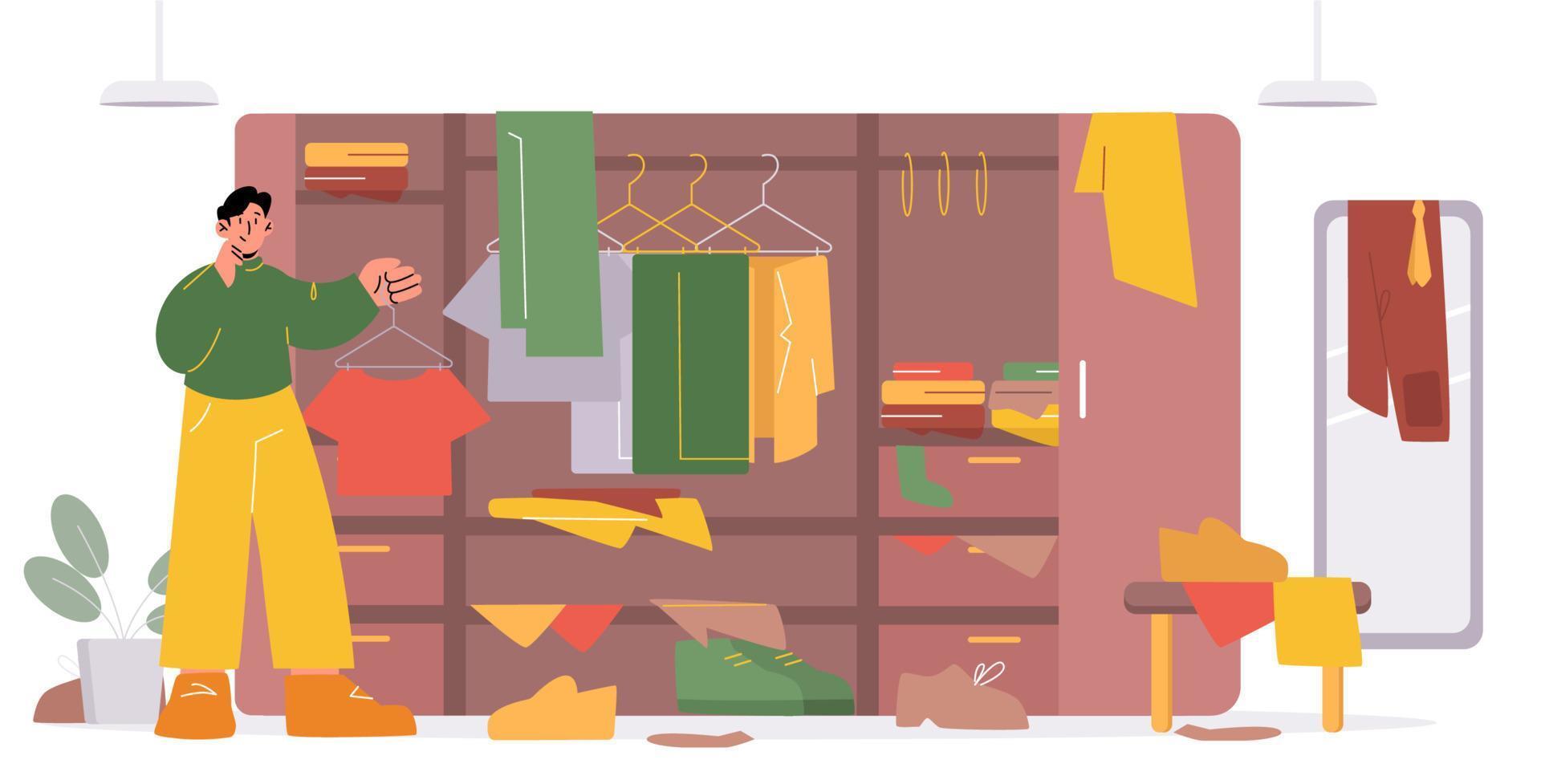 Man arrange chaos in messy wardrobe or closet vector