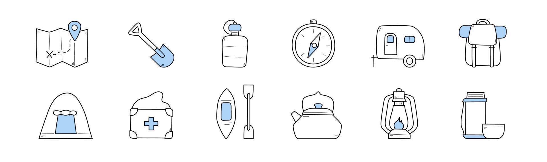 Set of camping and hiking doodle icons collection vector