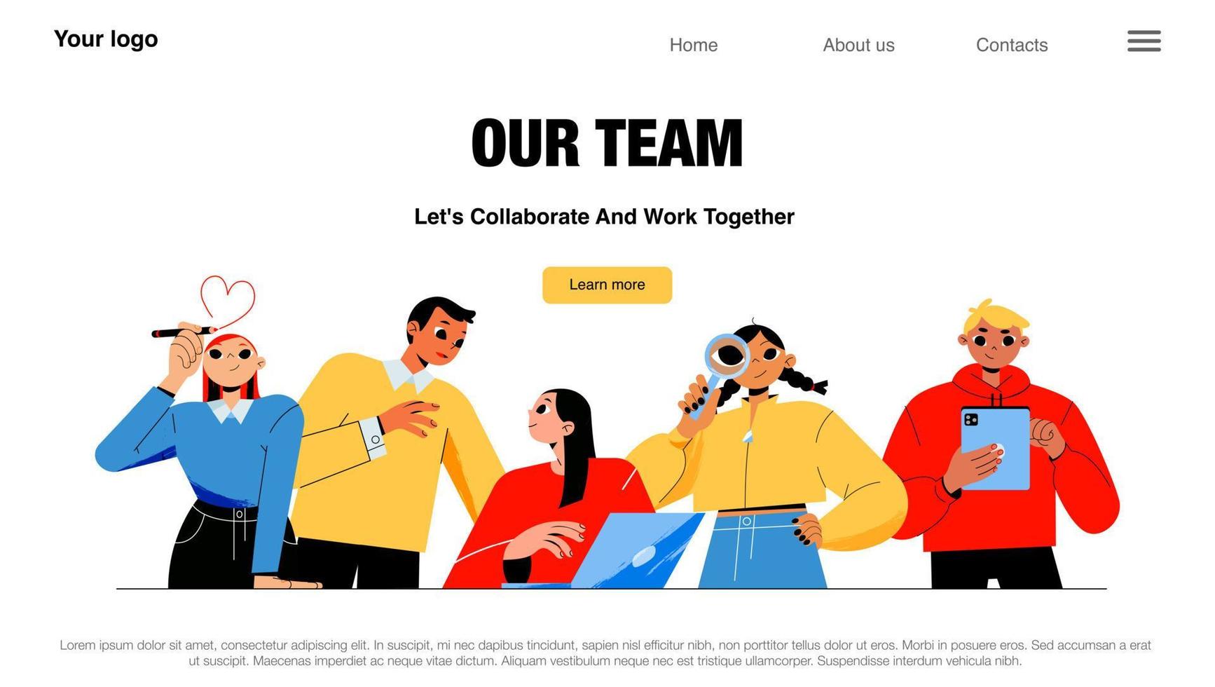 página de inicio de nuestro equipo, empresa de personajes de negocios vector