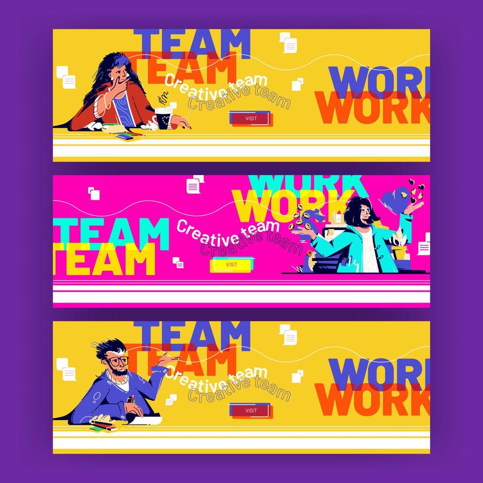 Team work cartoon web banners with business people vector