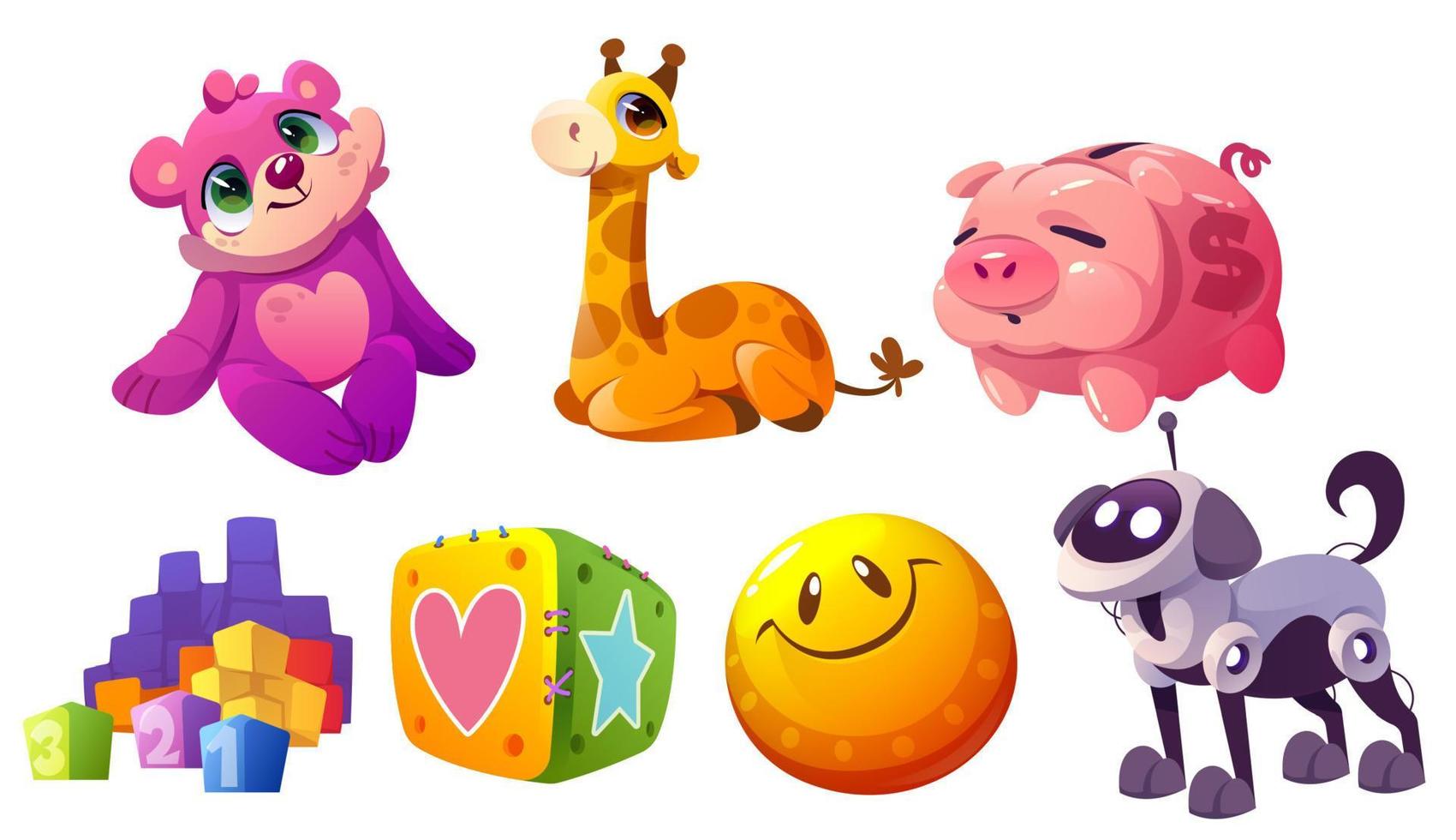 Kids toys, plush animals, ball, blocks, piggy bank vector