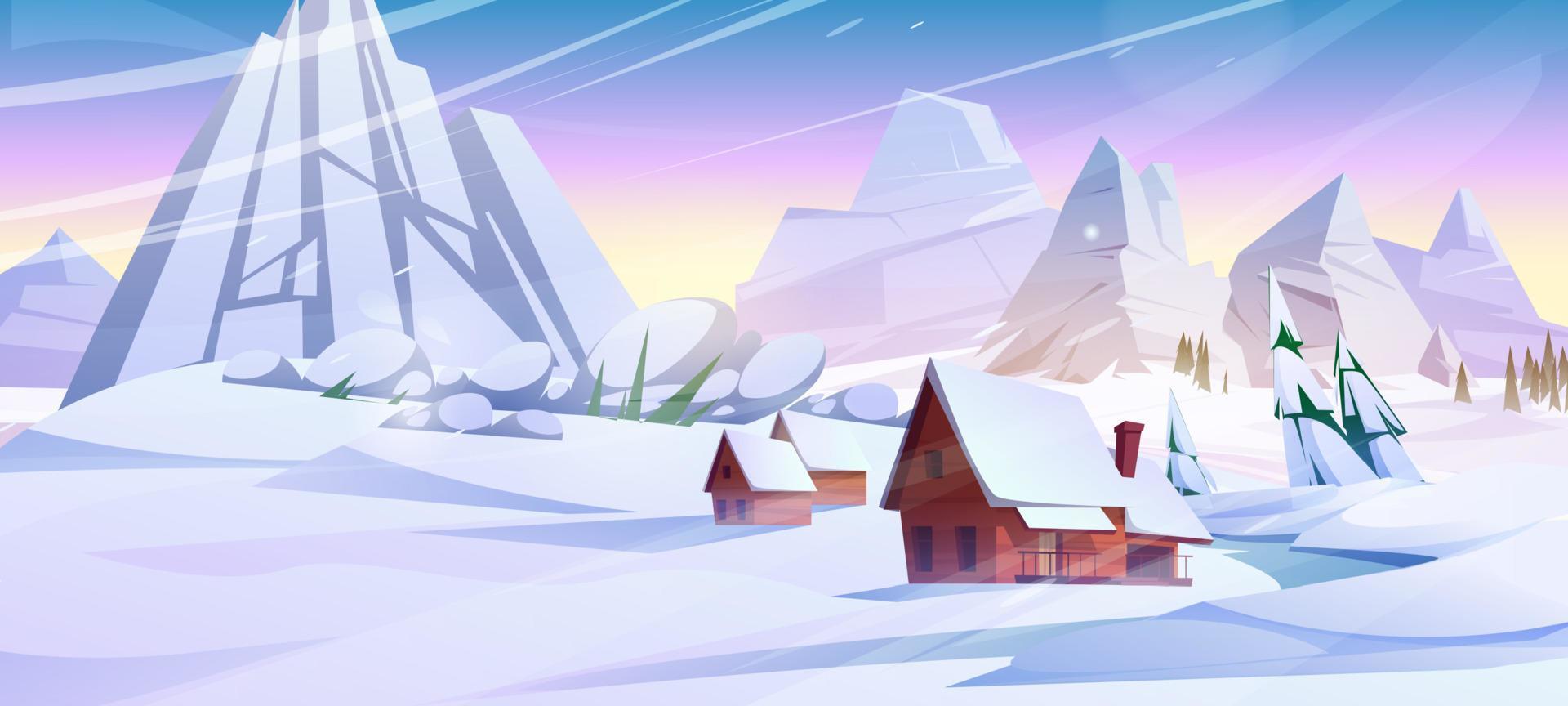 Winter mountain landscape houses under snowslide vector