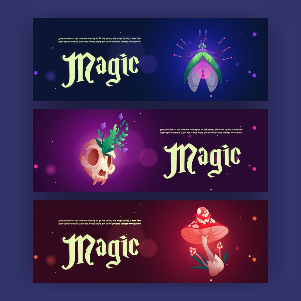 banners mágicos de dibujos animados con artículos esotéricos de brujas vector