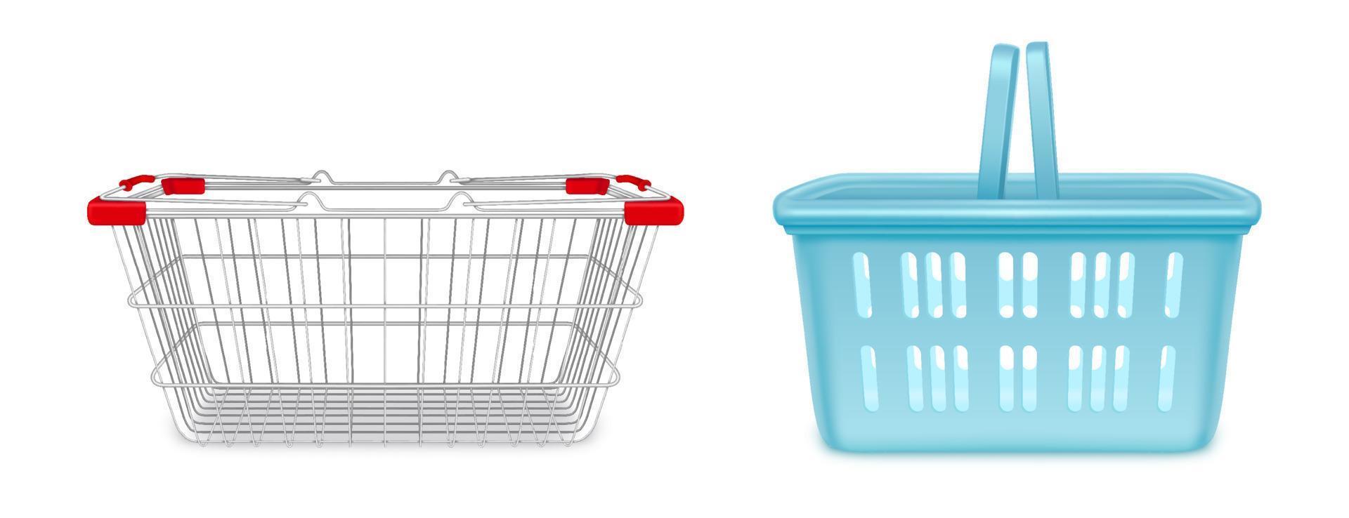 Shopping baskets, supermarket metal, plastic carts vector