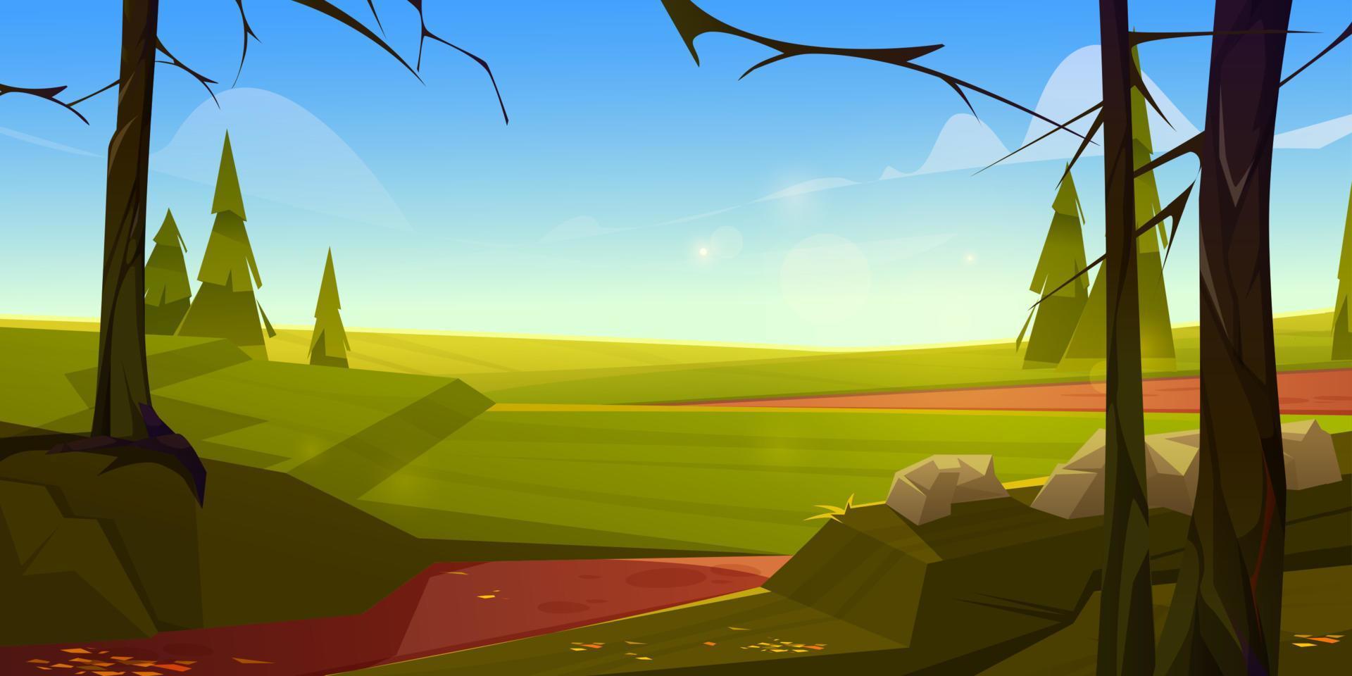 Cartoon nature landscape, rural scenery background vector