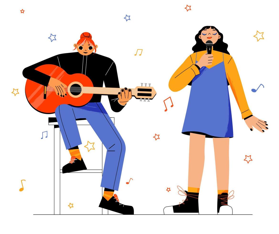 Girls band with singer and musician with guitar vector