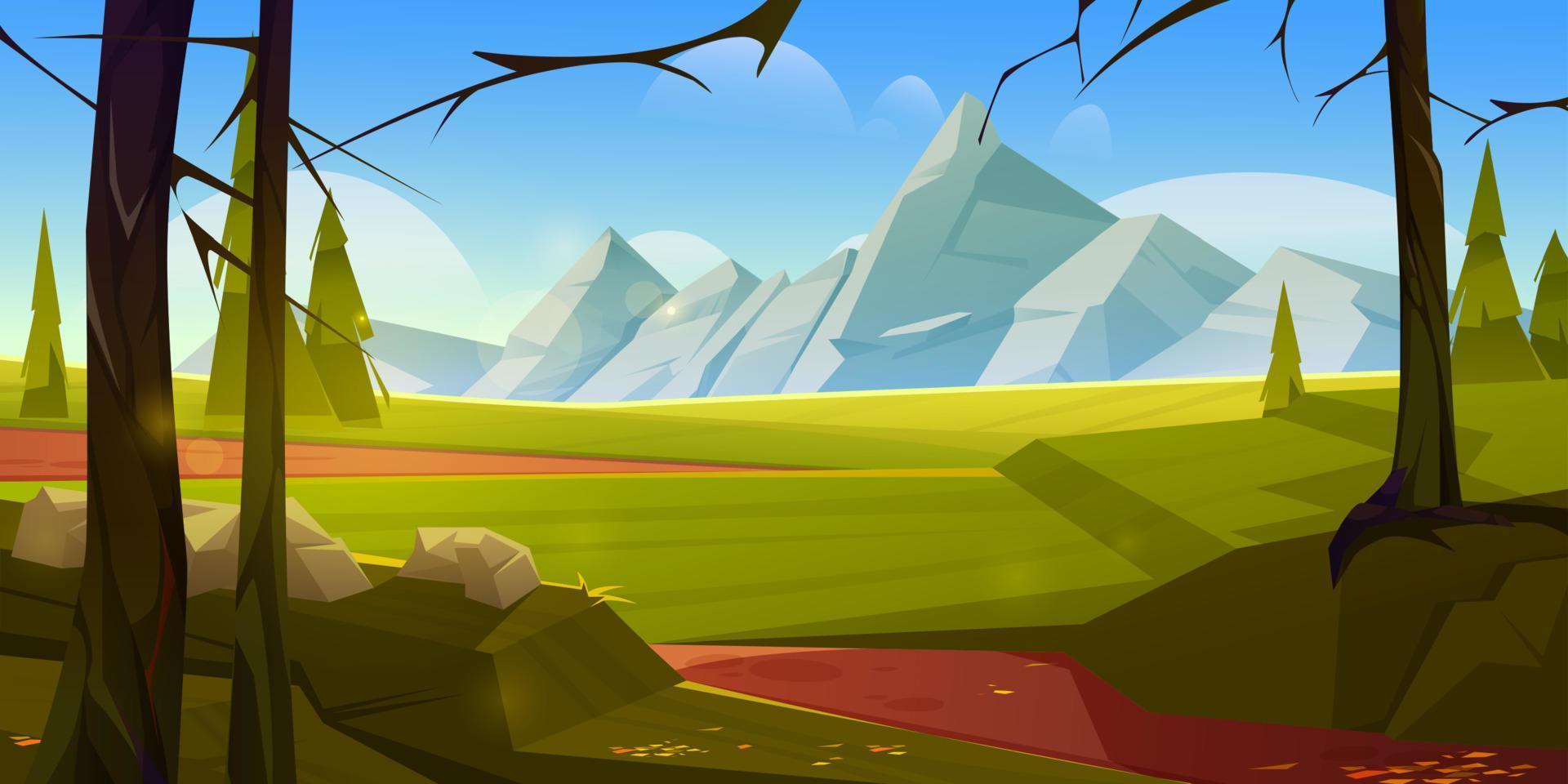 Cartoon nature landscape with mountains and field vector