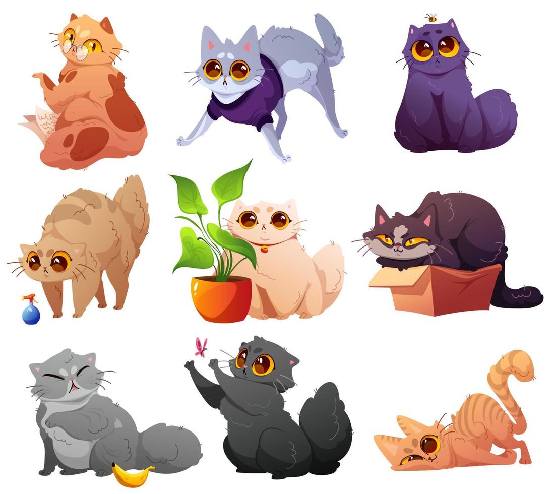 lindas mascotas, gatos y gatitos en diferentes poses vector