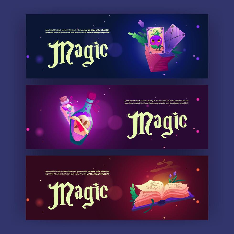 carteles mágicos con elixir, cartas y libro de hechizos vector
