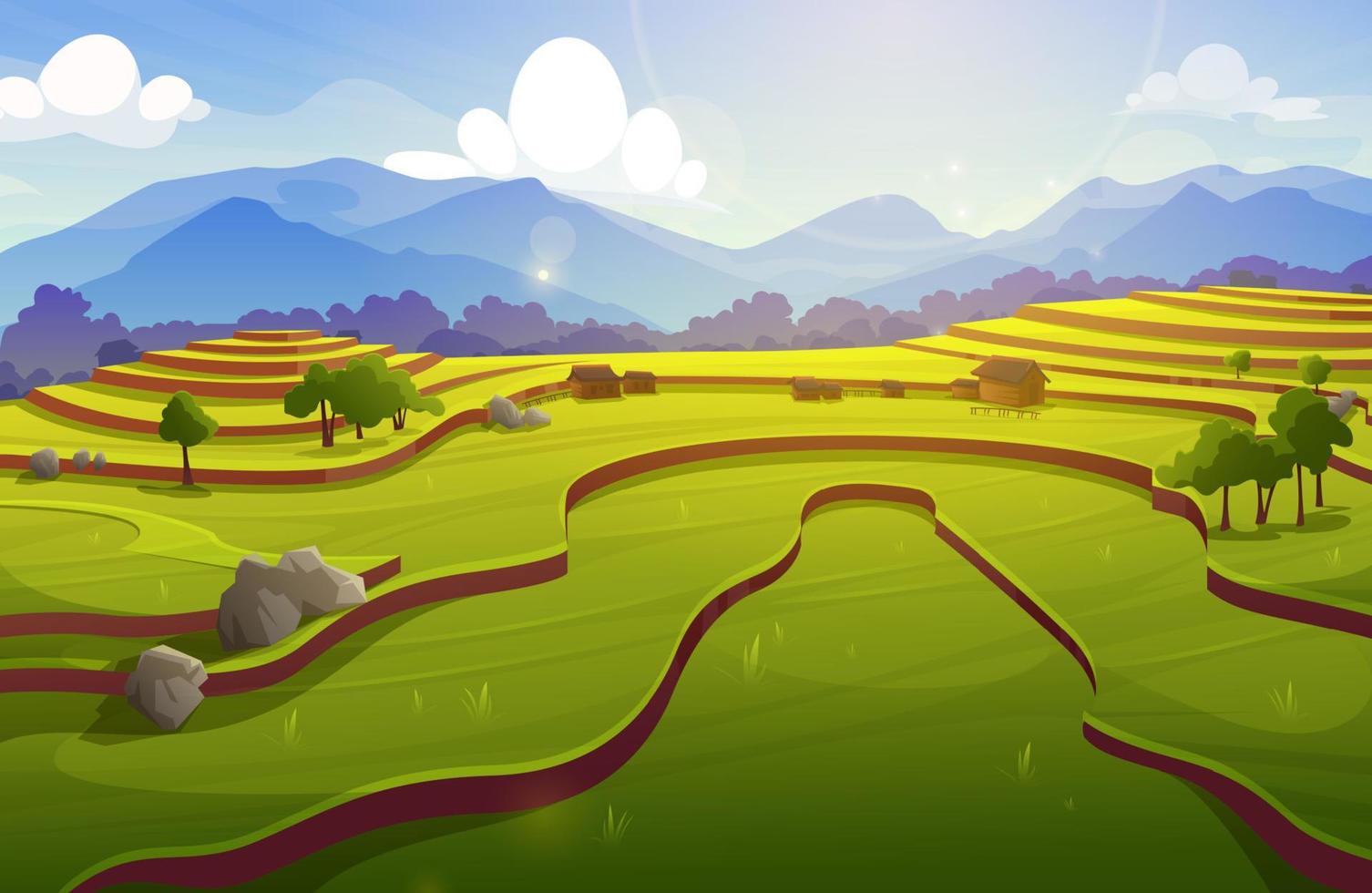 Rice field terraces, asian paddy with farm houses vector