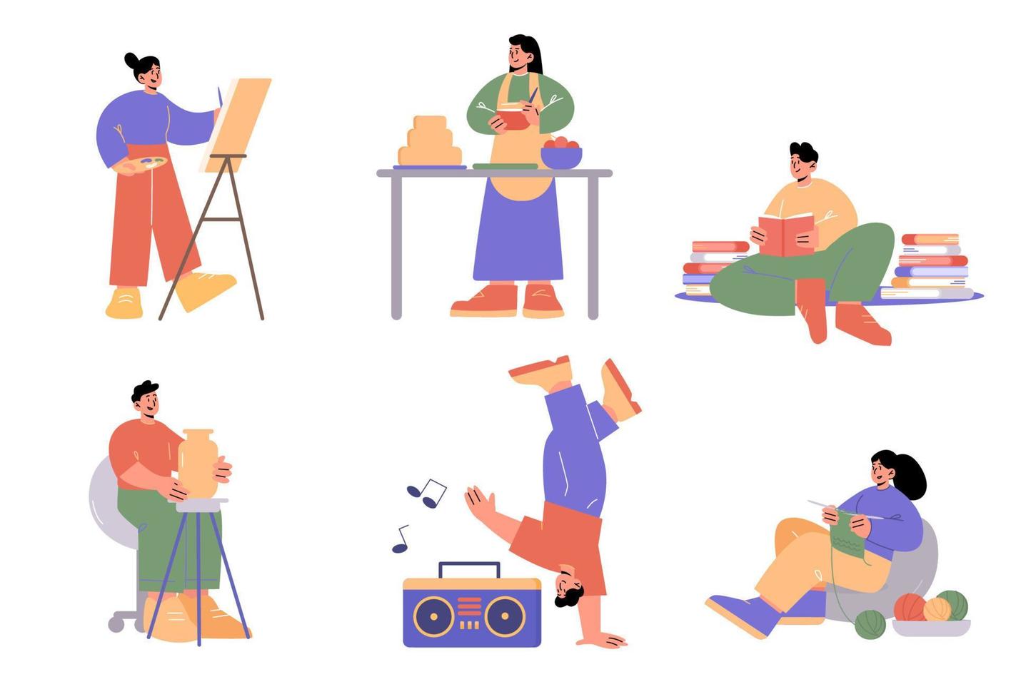 People doing hobbies, painting, cooking, knitting vector