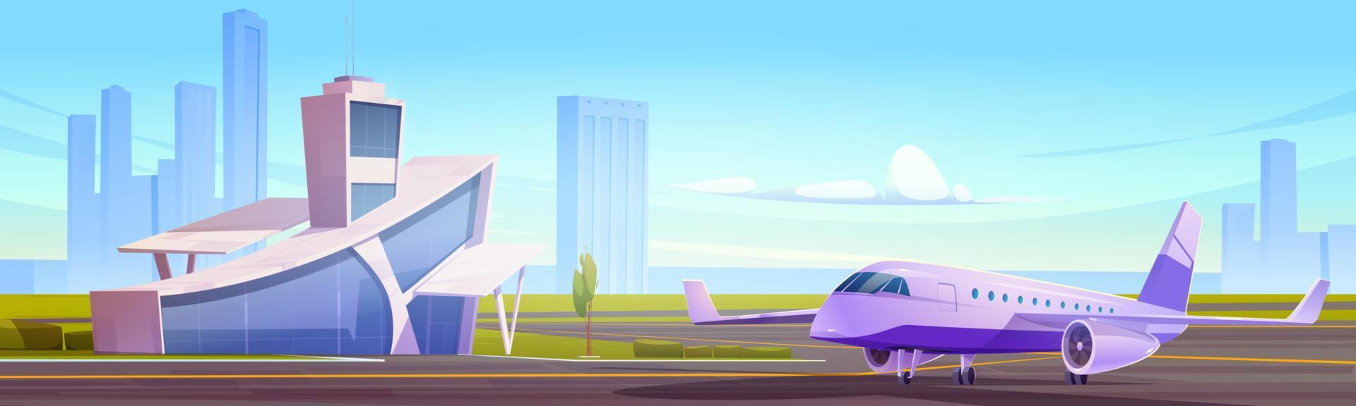 Airport terminal building with tower and airplane vector
