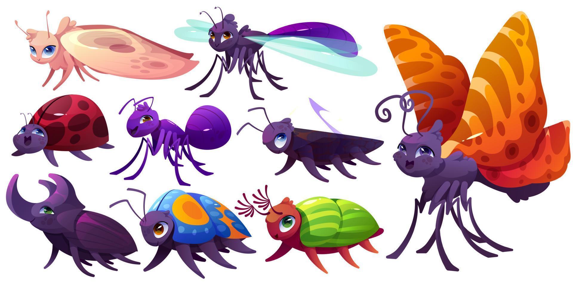 Cartoon insects characters mole, dragonfly, bedbug vector