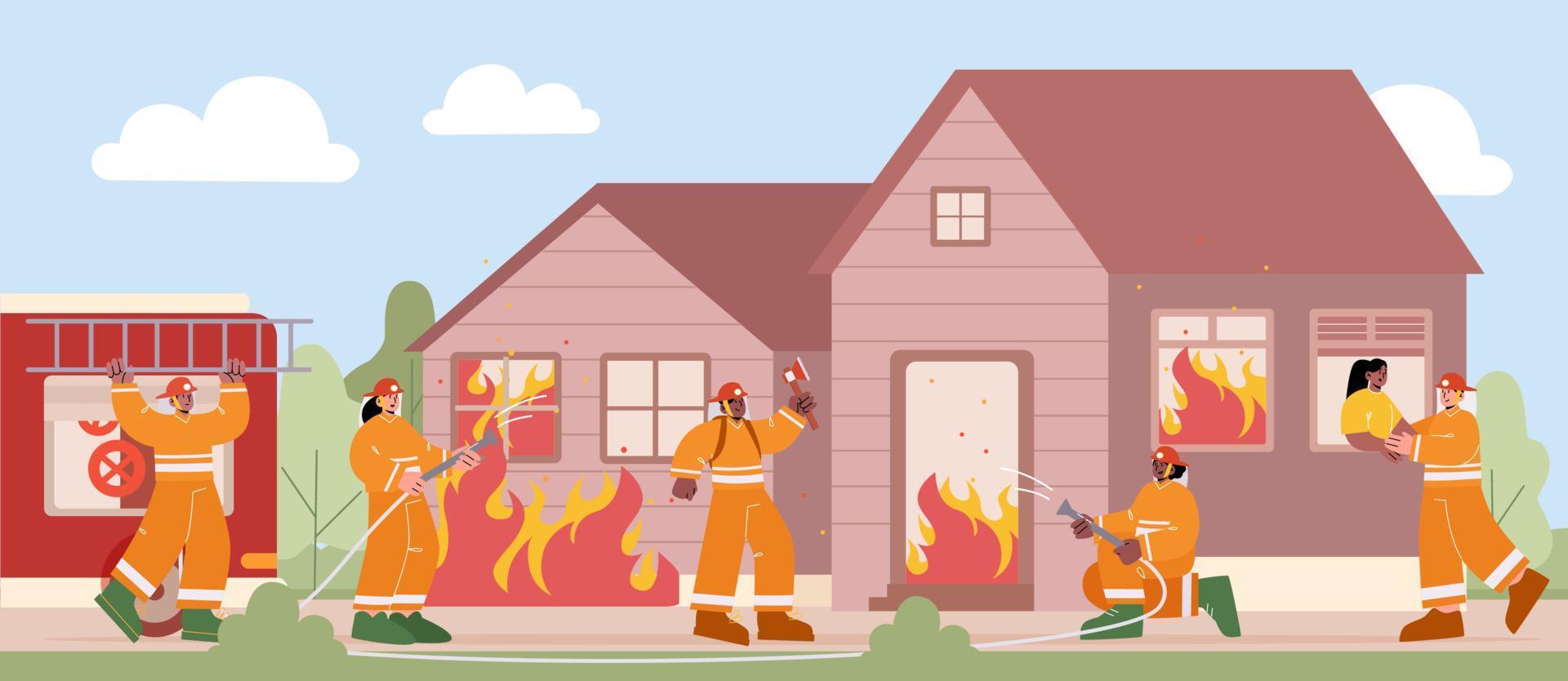los bomberos extinguen el encendido en la casa vector