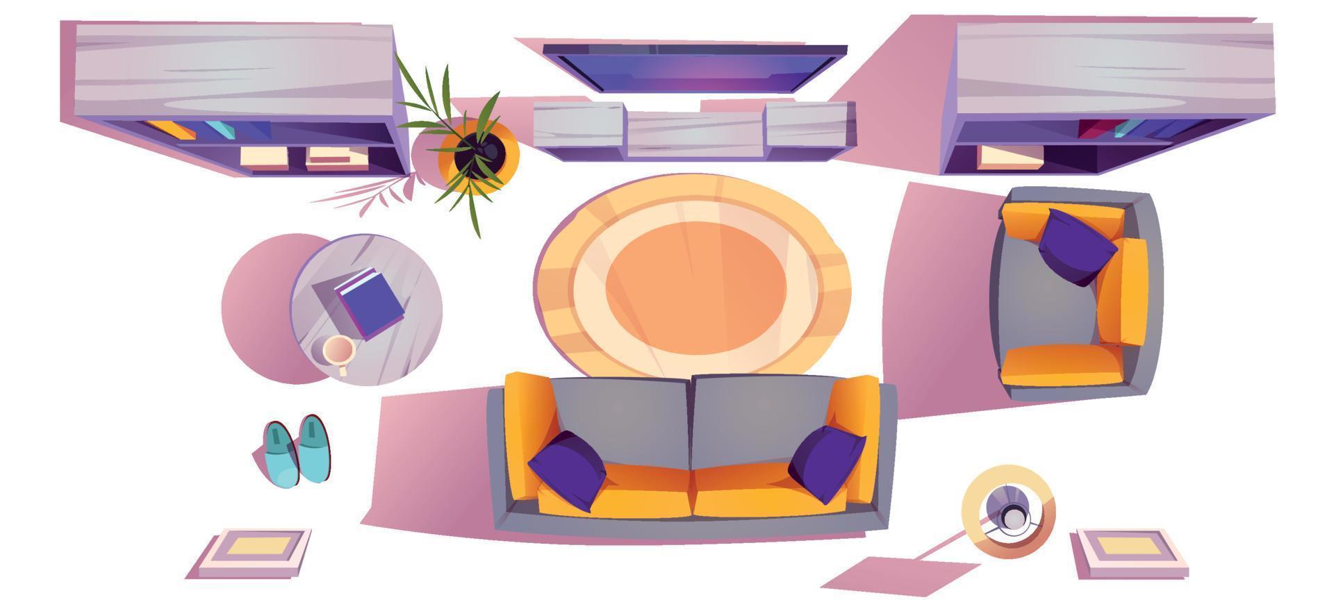 Top view of living room furniture, sofa, tv vector