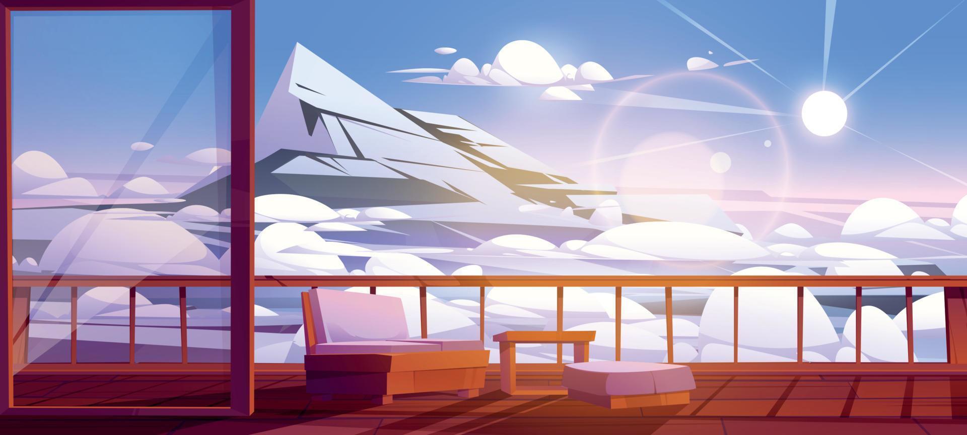 Wooden terrace view on mountain peaks above clouds vector