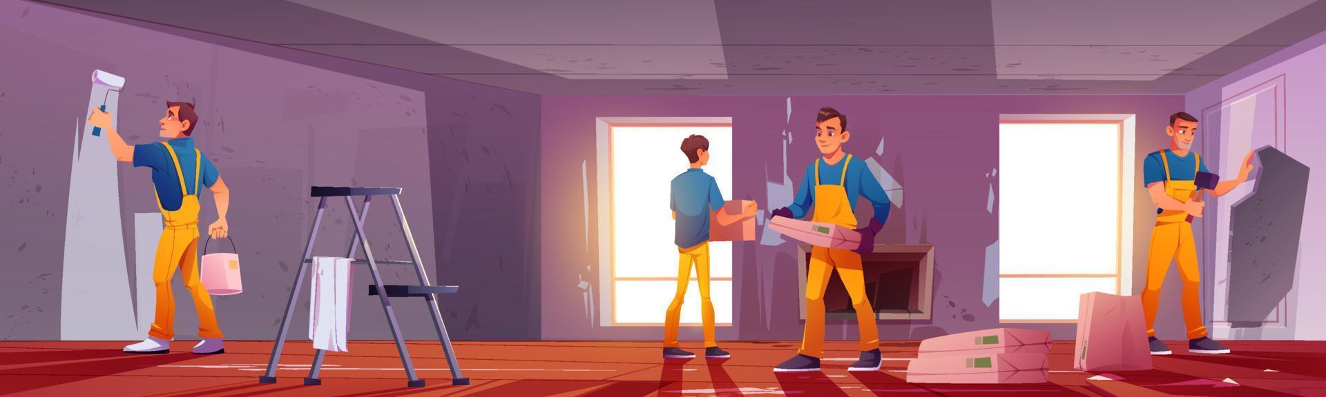 Home renovation with workers paint wall vector