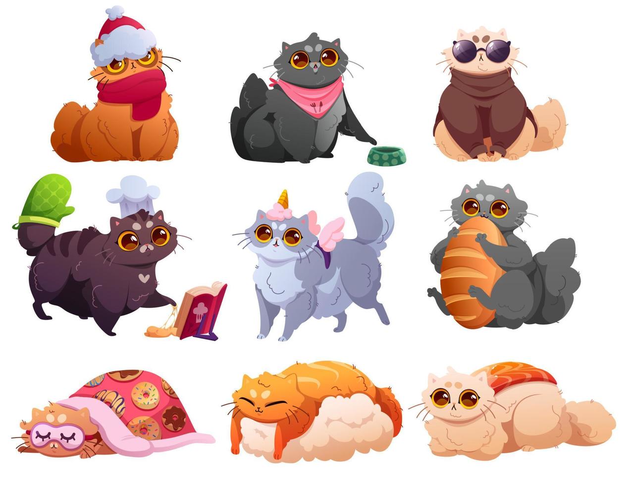 Set of funny cats cartoon characters, home pets vector