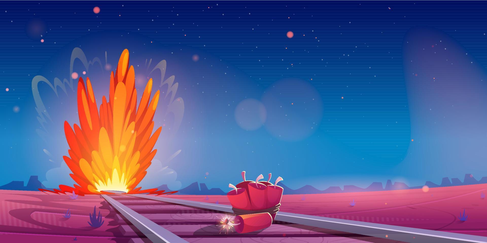 Western desert with dynamite on railway and burst vector