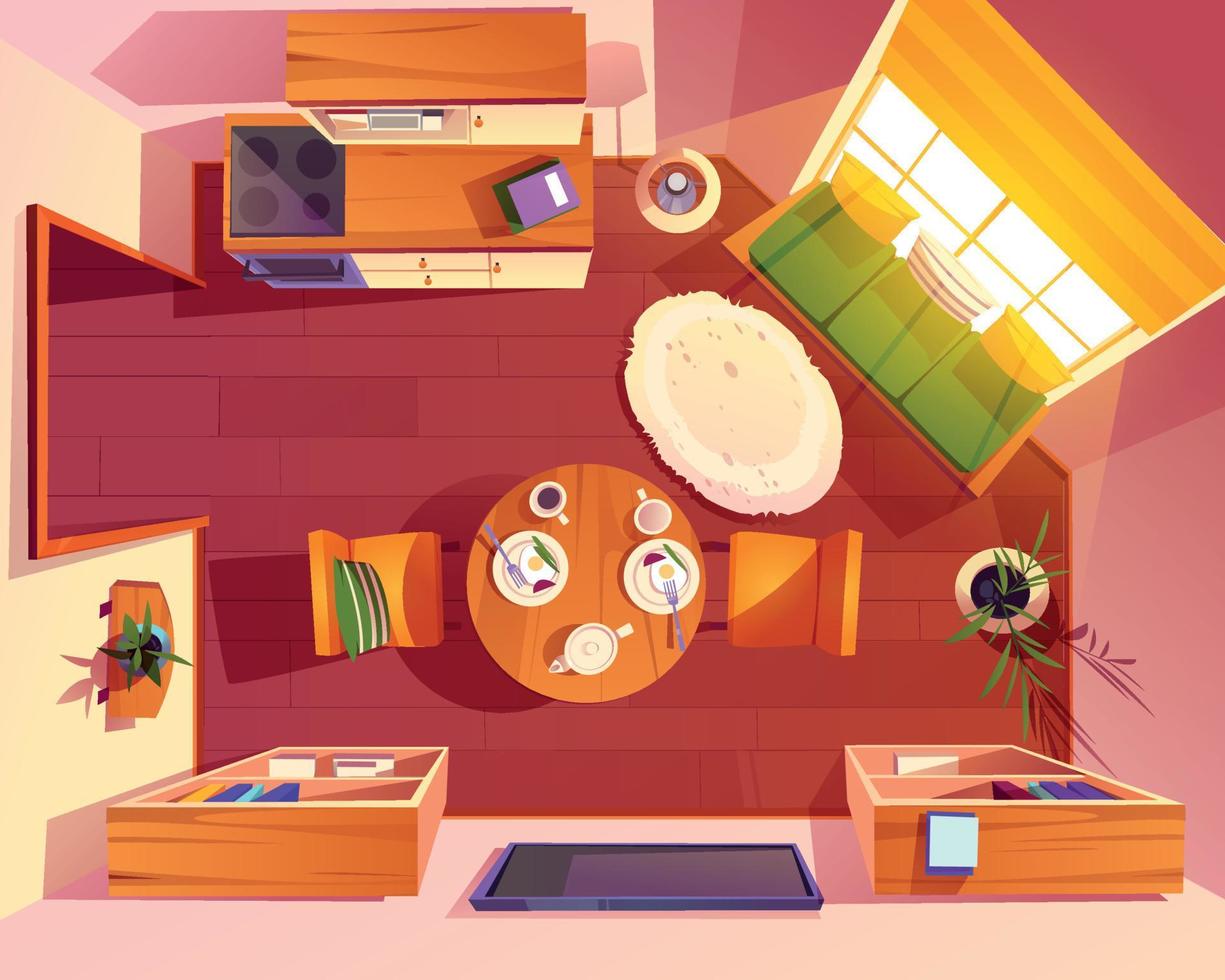 Room interior in studio apartment, hotel top view vector