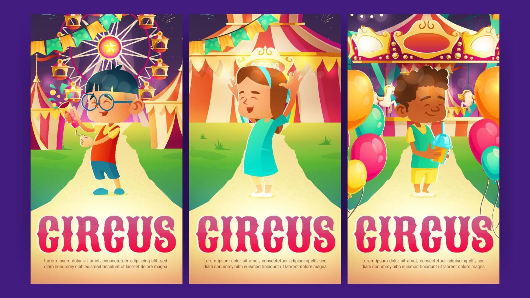 Circus cartoon posters, amusement park invitations vector