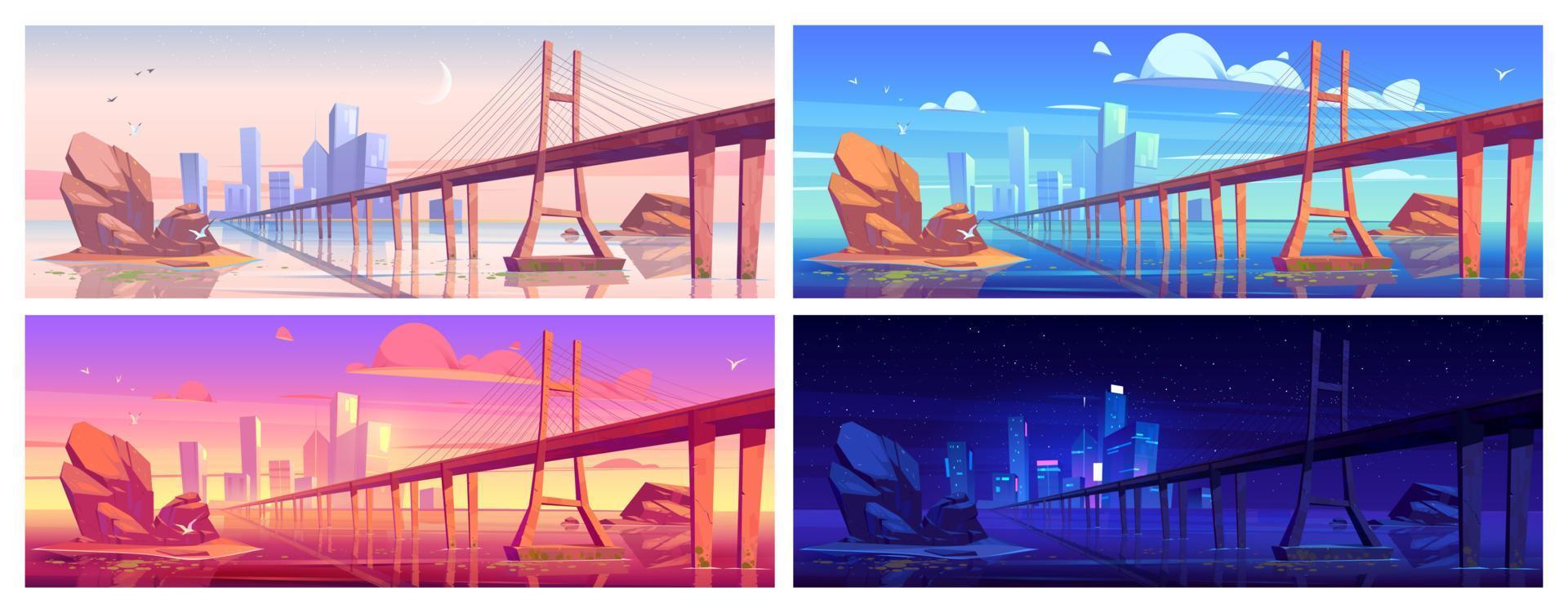 paisaje del lago con puente a diferentes horas del día vector