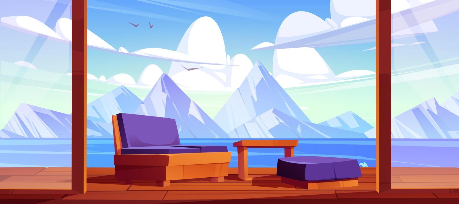 Terrace with mountain lake view, home hotel patio vector