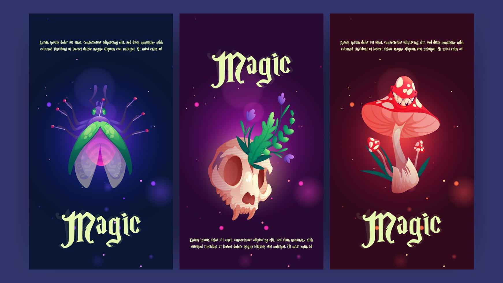 Magic banners with fly, animal skull, and mushroom vector