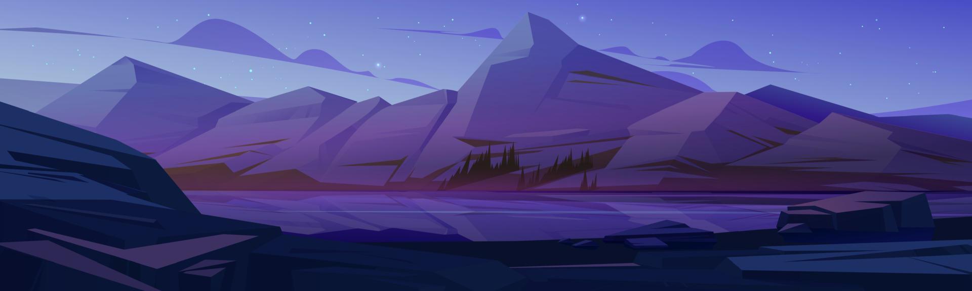 Nordic landscape with mountains and river at night vector