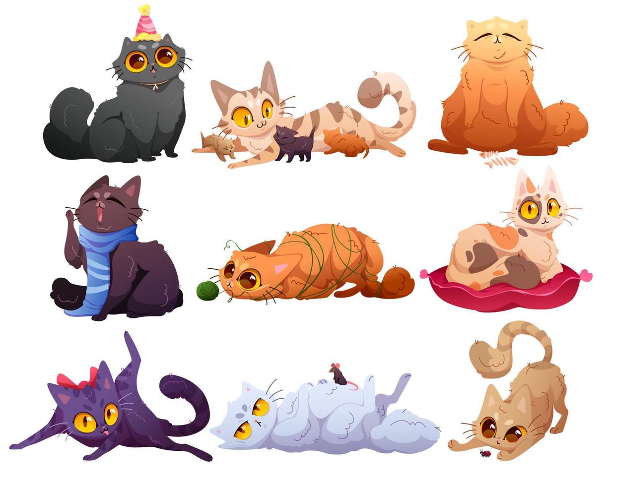 lindos gatos, mascotas esponjosas en diferentes poses vector